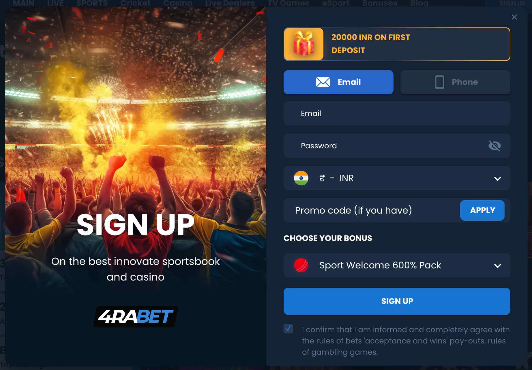 Registrarse en el casino 4rabet es rápido y fácil, regístrese con su teléfono móvil o dirección de correo electrónico.